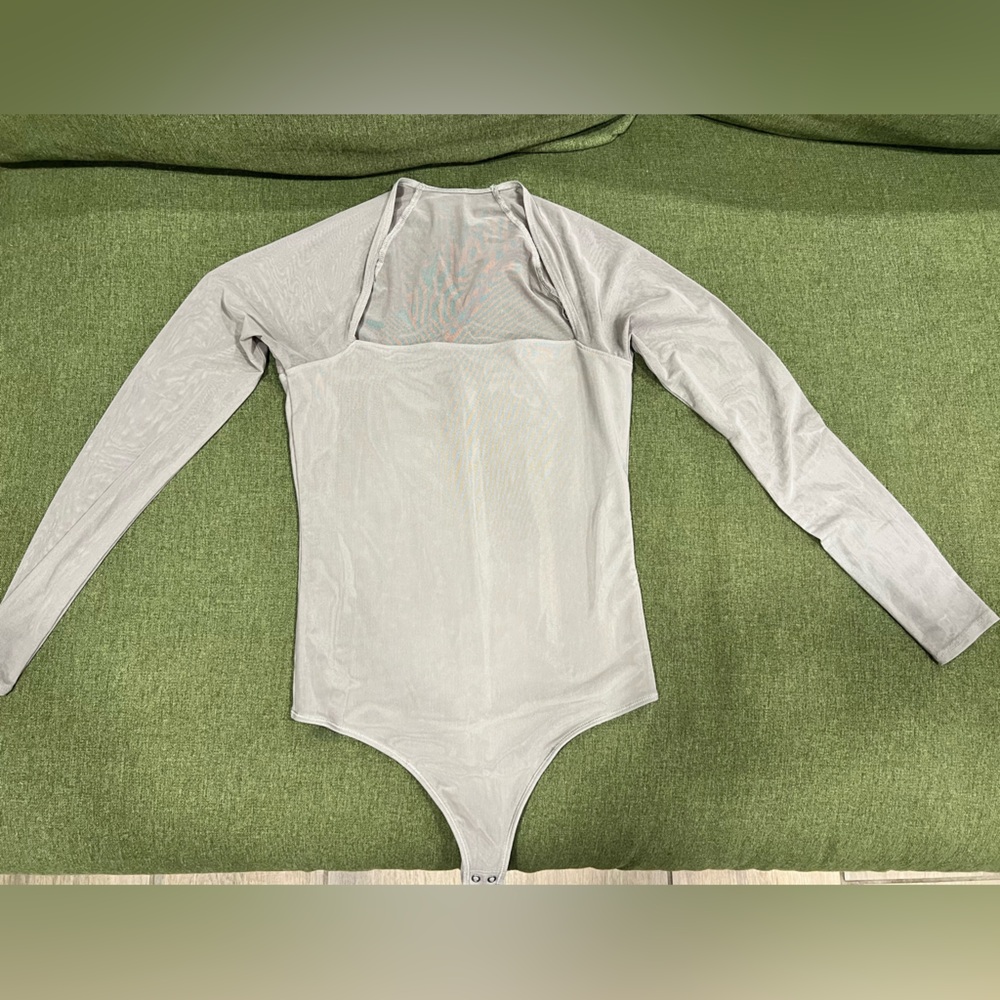 Abercrombie & Fitch Light Gray Bodysuit Sheer Sleeves